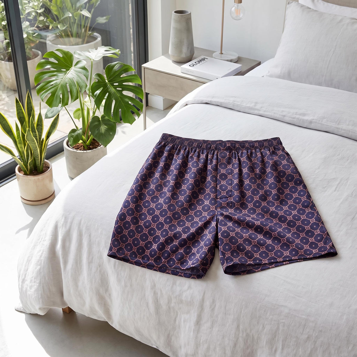 Navy Chain Print Silk Men's Sleep Shorts for Comfort and Style