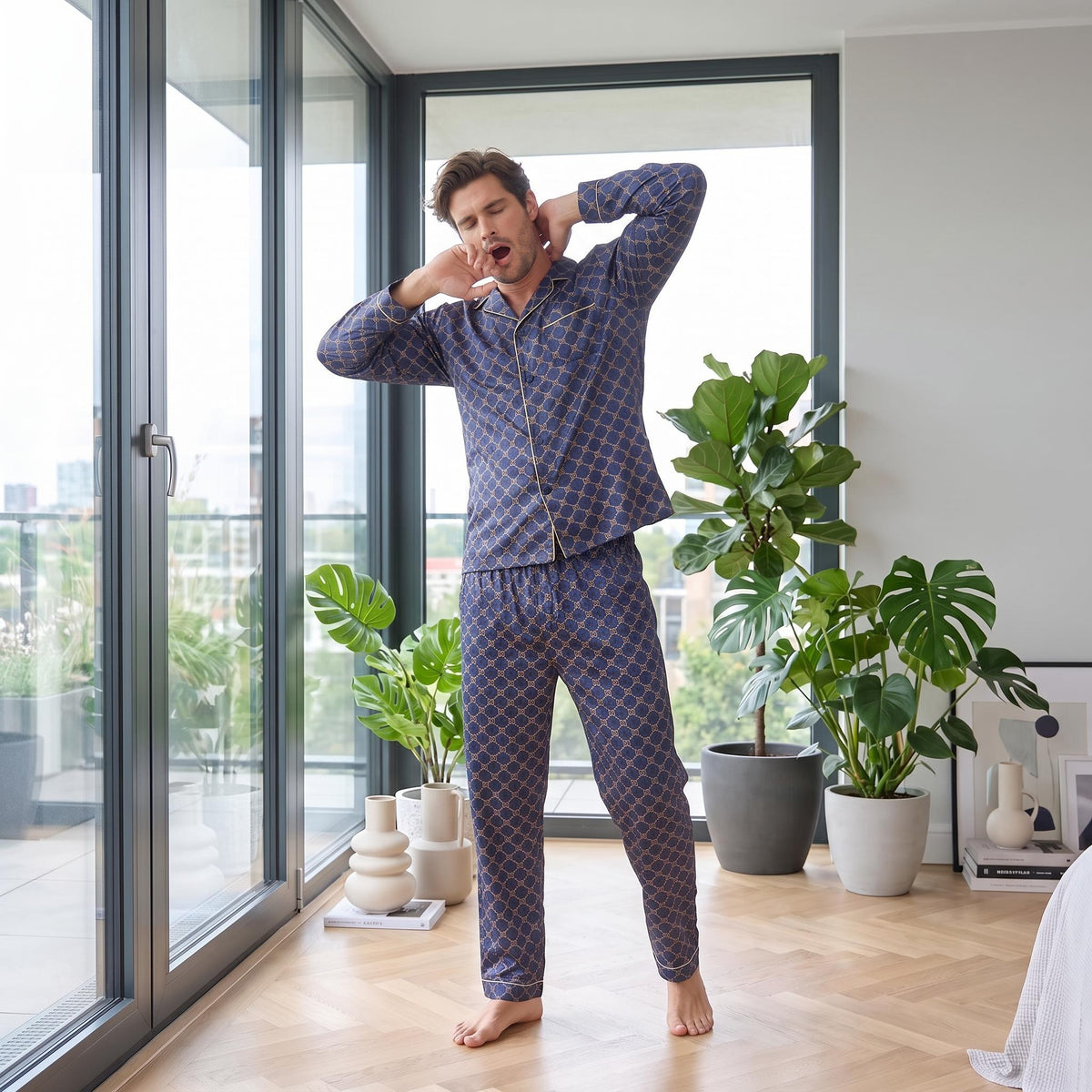 Navy Silk Geometric Print Men's Pajama Set