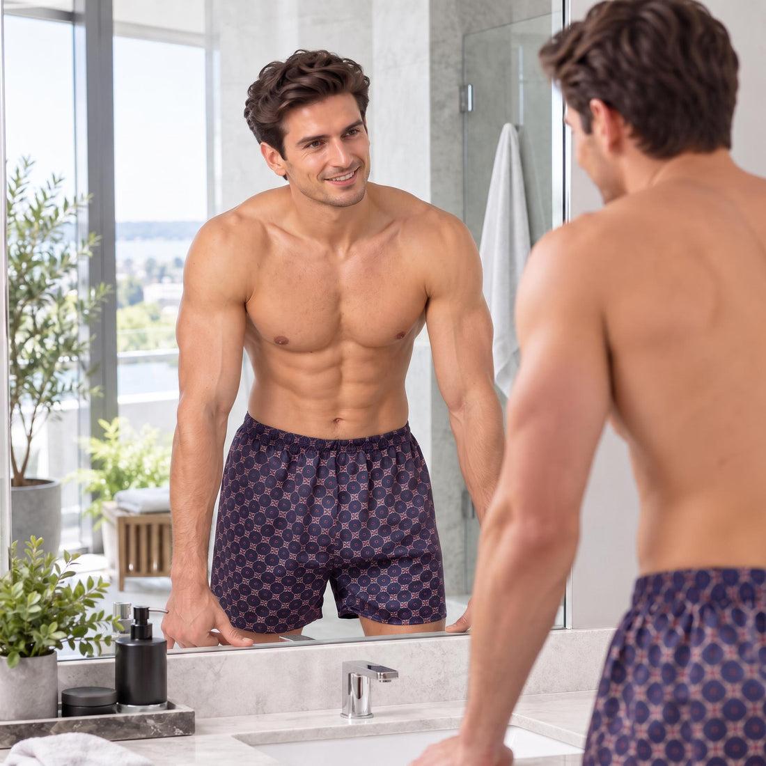 Navy Chain Print Silk Men's Sleep Shorts for Comfort and Style