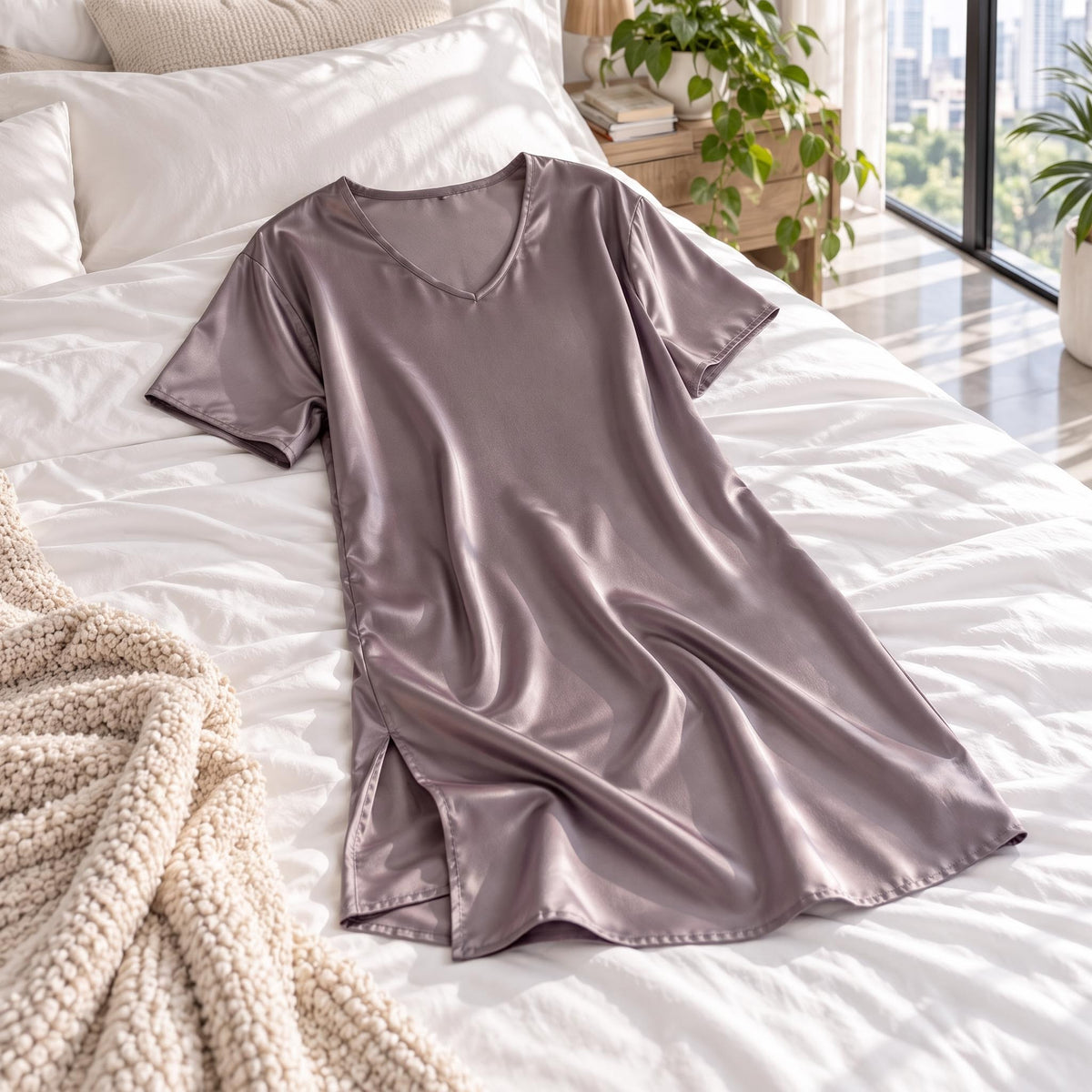 Elegant Silk Nightgown with V-Neck and Half Sleeves for Women