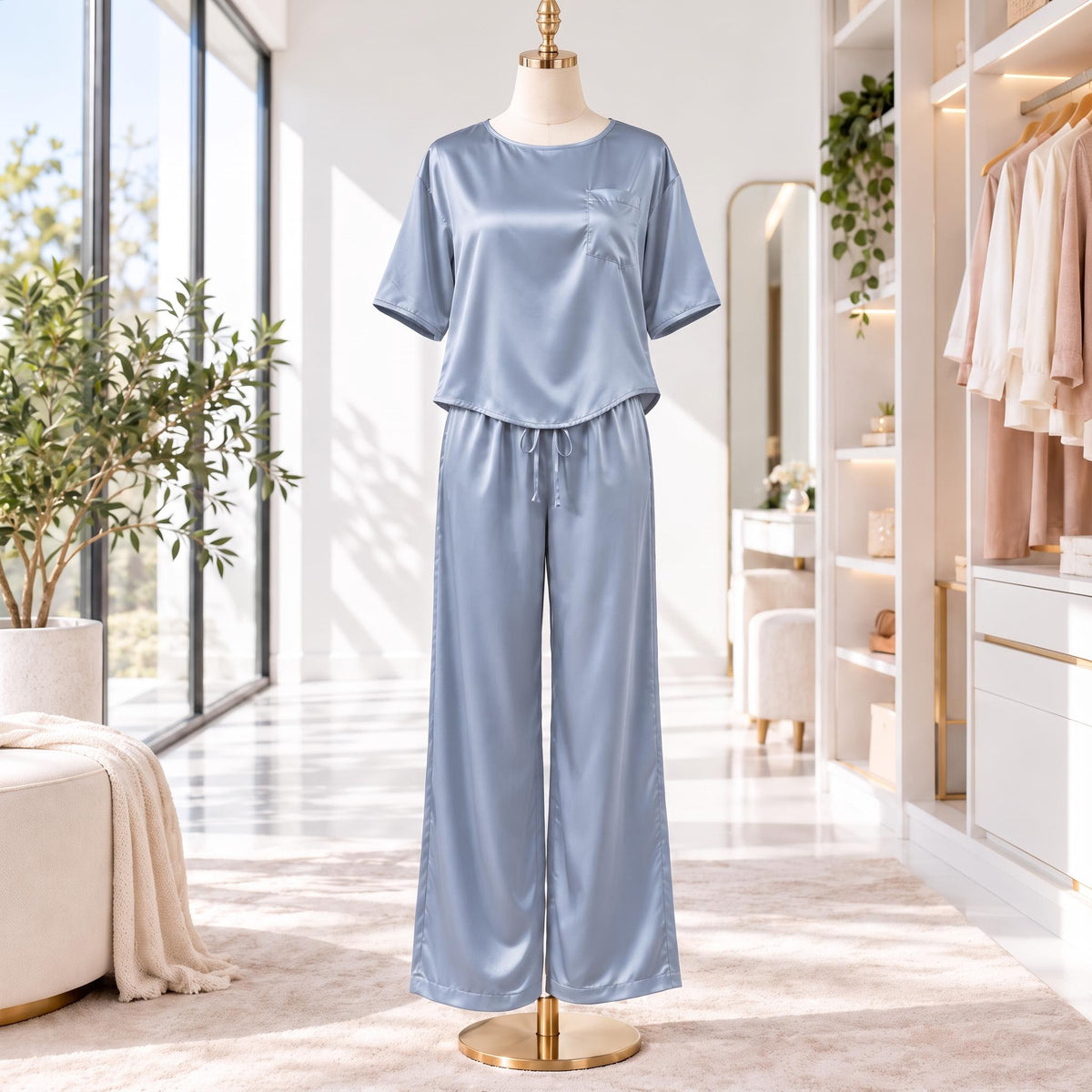 Elegant Silk Pajama Set for Women with Wide-Leg Pants