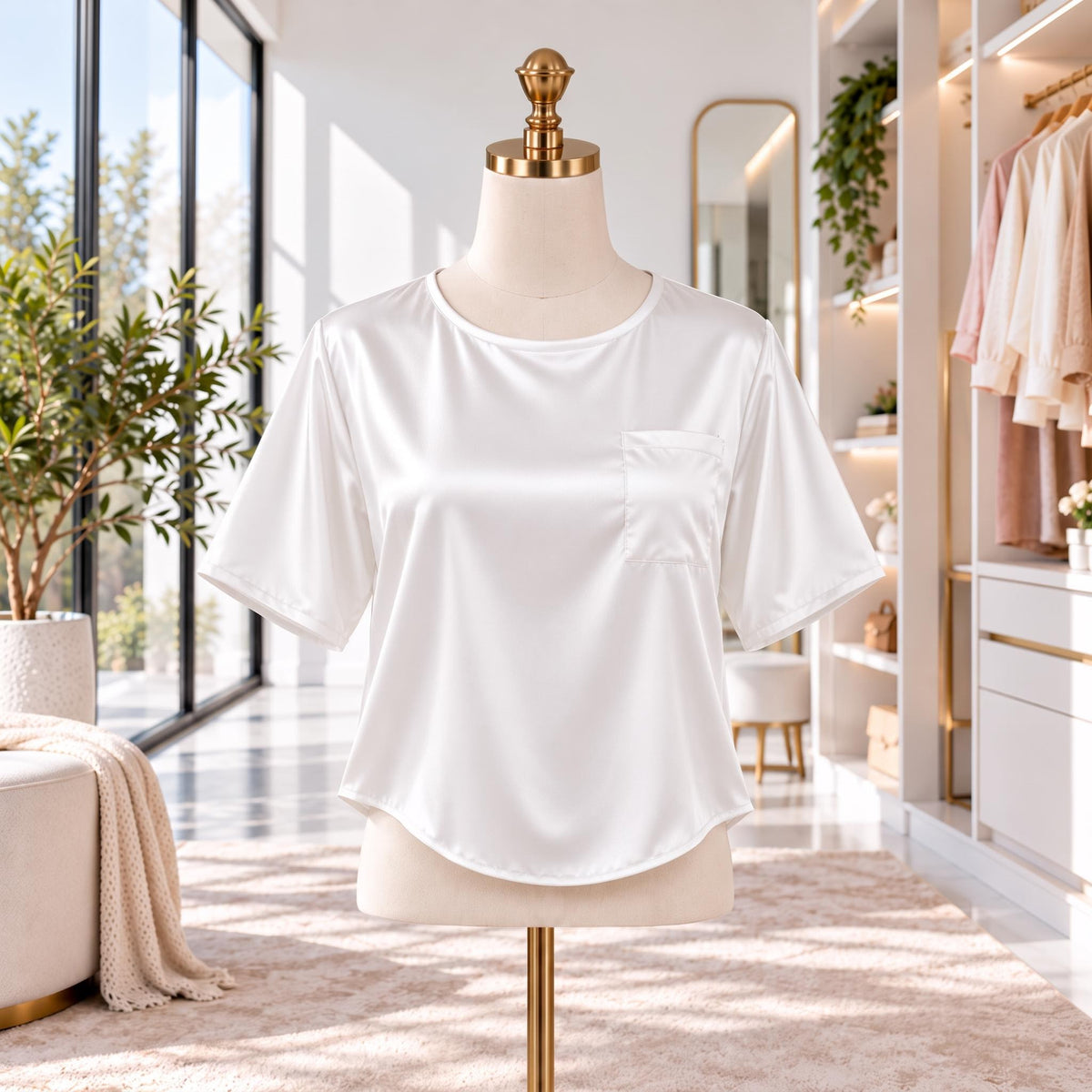 Mulberry Silk Short Sleeve Women's Blouse with U-Neck Design