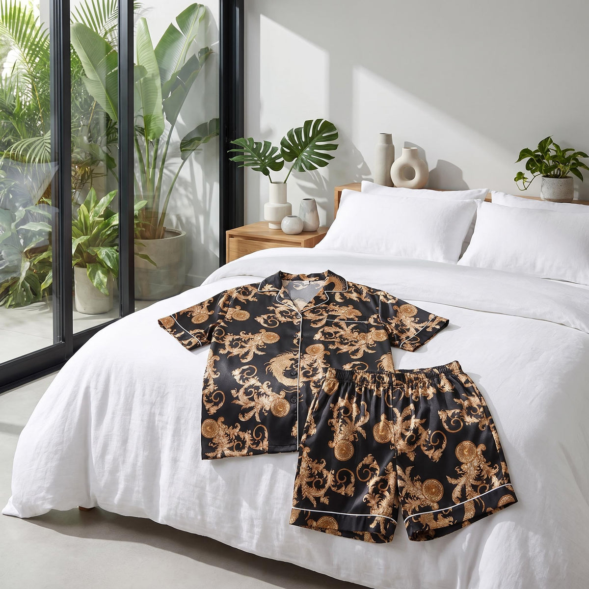 Dragon Print Men's Silk Pajama Set with Short Sleeve Top