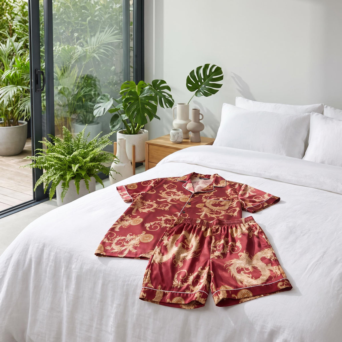 Dragon Print Men's Silk Pajama Set with Short Sleeve Top