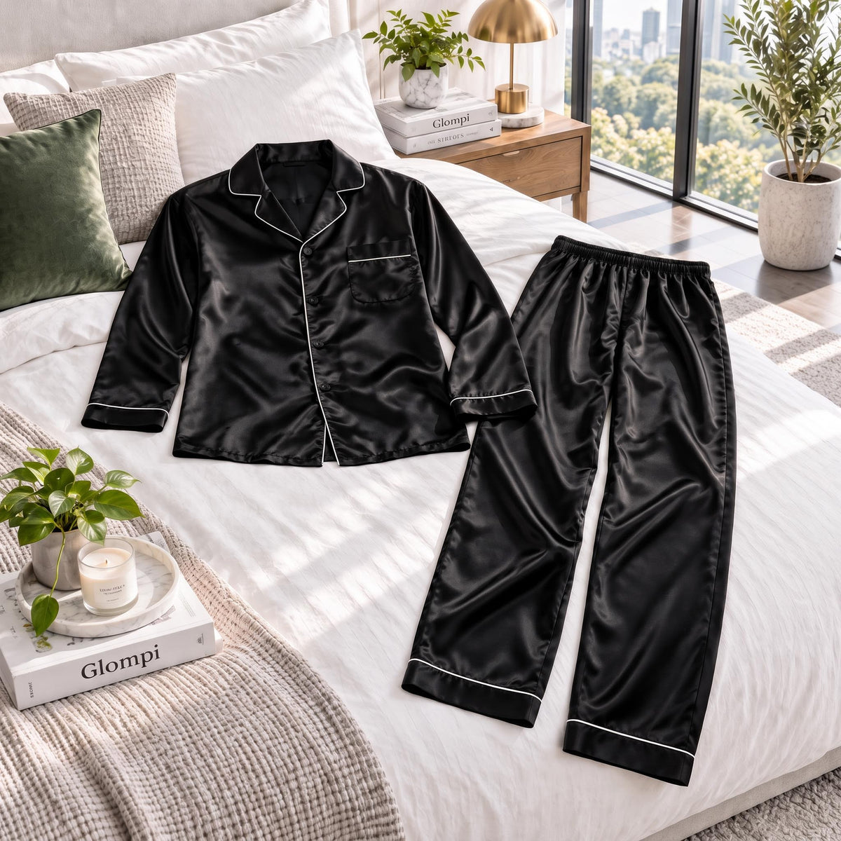 Men's Long Sleeve Silk Pajama Set with Notch Collar