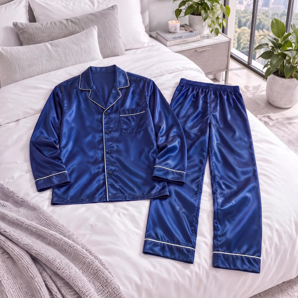 Men's Long Sleeve Silk Pajama Set with Notch Collar