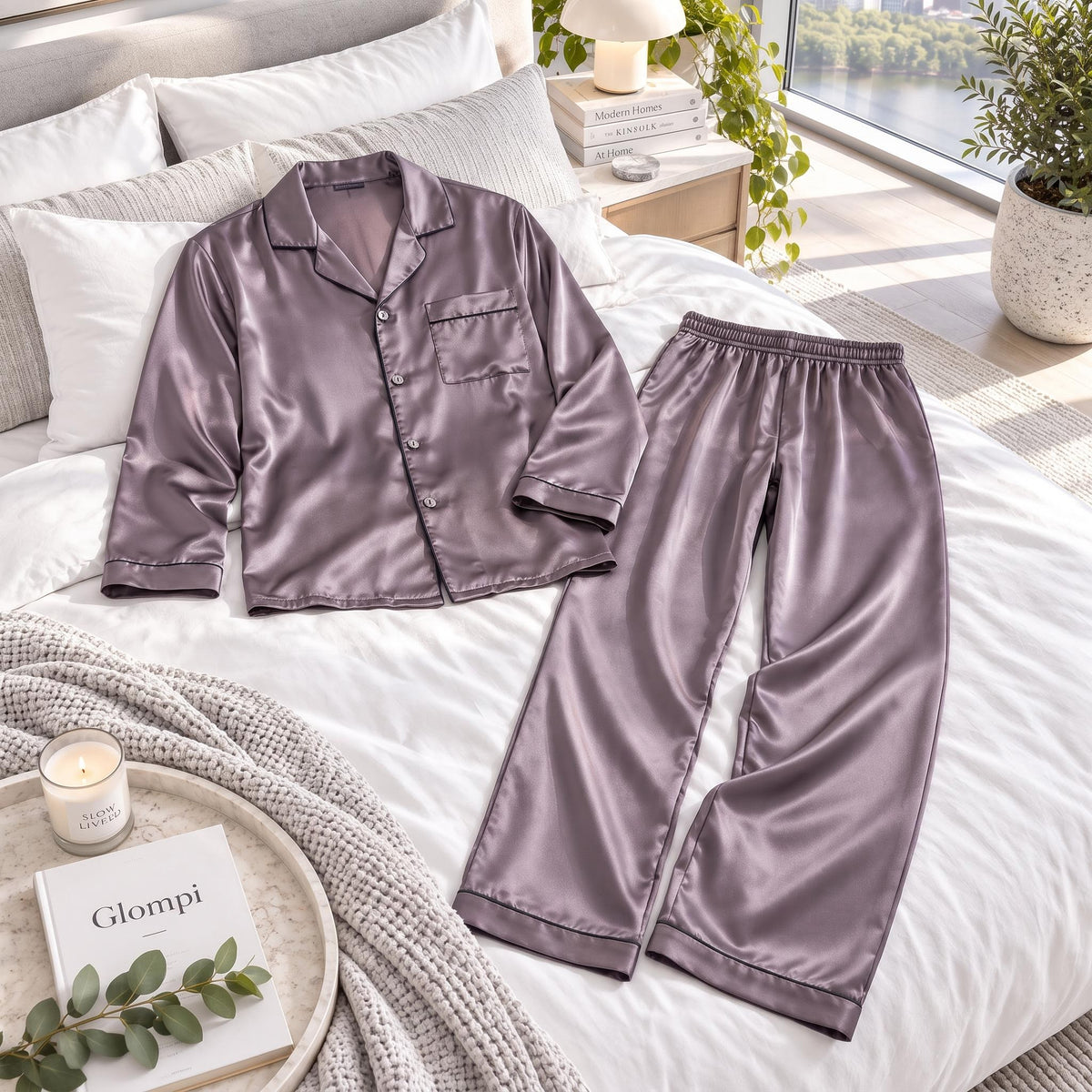 Men's Long Sleeve Silk Pajama Set with Notch Collar