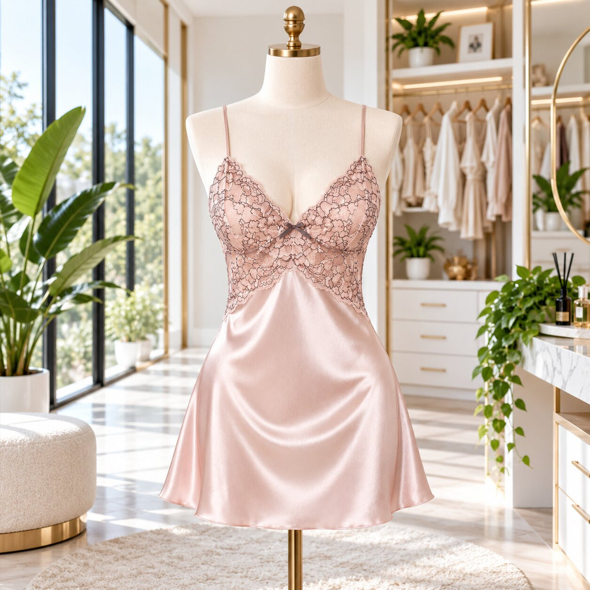 Silk Lace Trim V-Neck Mini Nightgown for Women