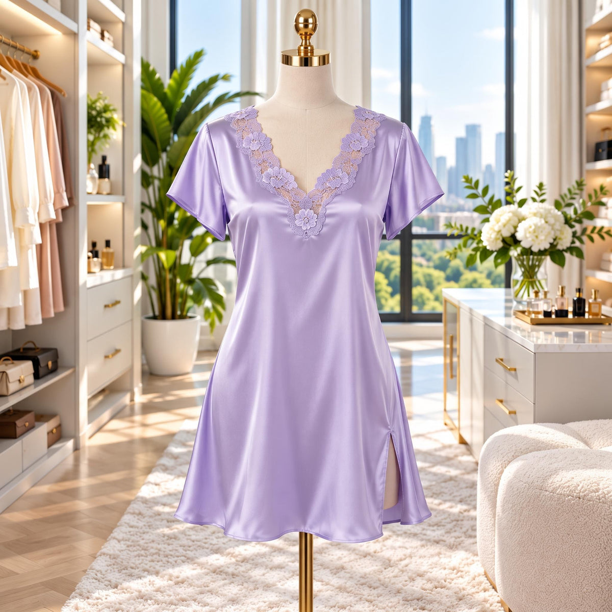 Silk Short Sleeve V-Neck Nightgown with Side Slit