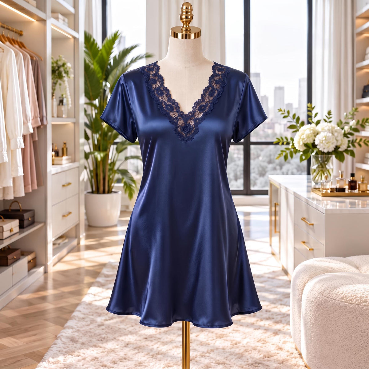 Silk Short Sleeve V-Neck Nightgown with Side Slit