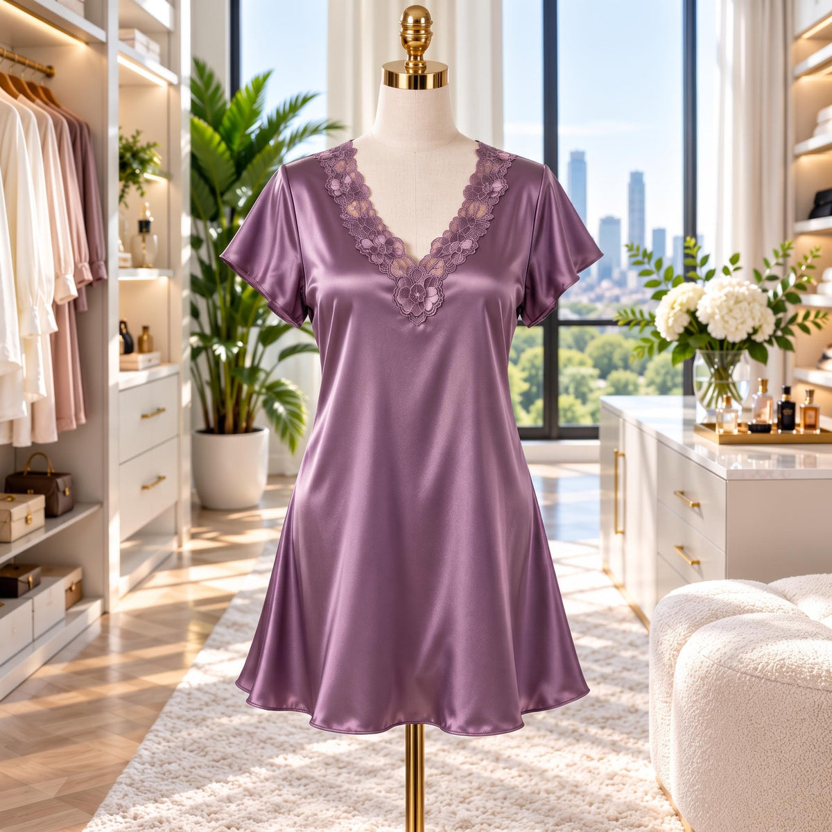 Silk Short Sleeve V-Neck Nightgown with Side Slit