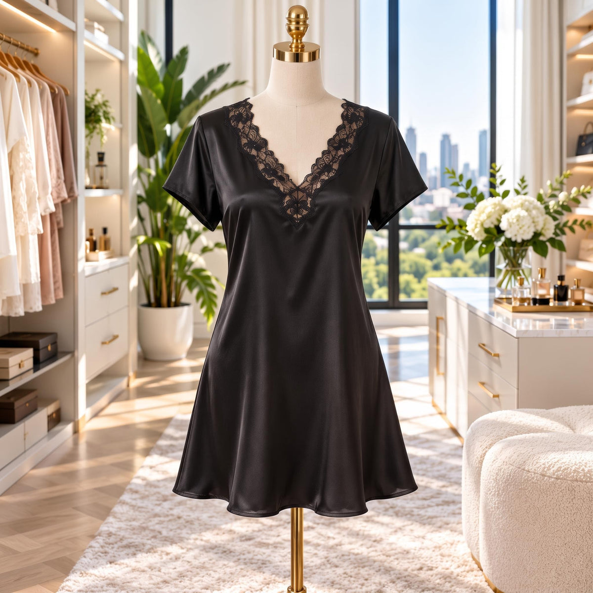 Silk Short Sleeve V-Neck Nightgown with Side Slit
