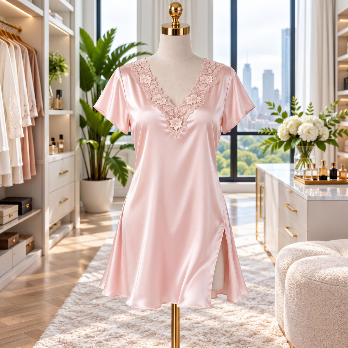 Silk Short Sleeve V-Neck Nightgown with Side Slit