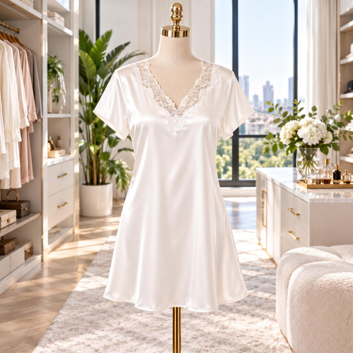 Silk Short Sleeve V-Neck Nightgown with Side Slit
