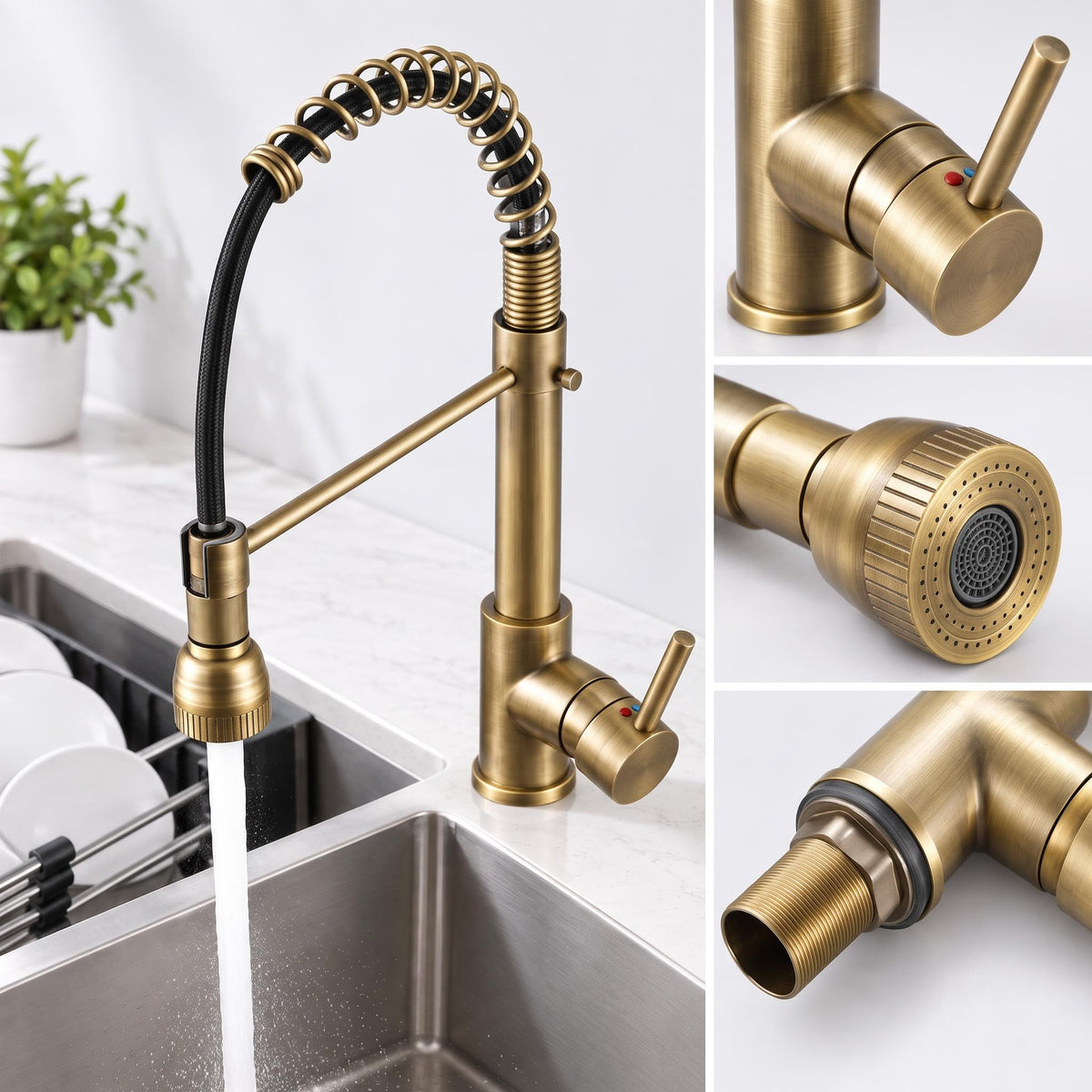 Antique Brass Kitchen Faucet with 360-Degree Rotation