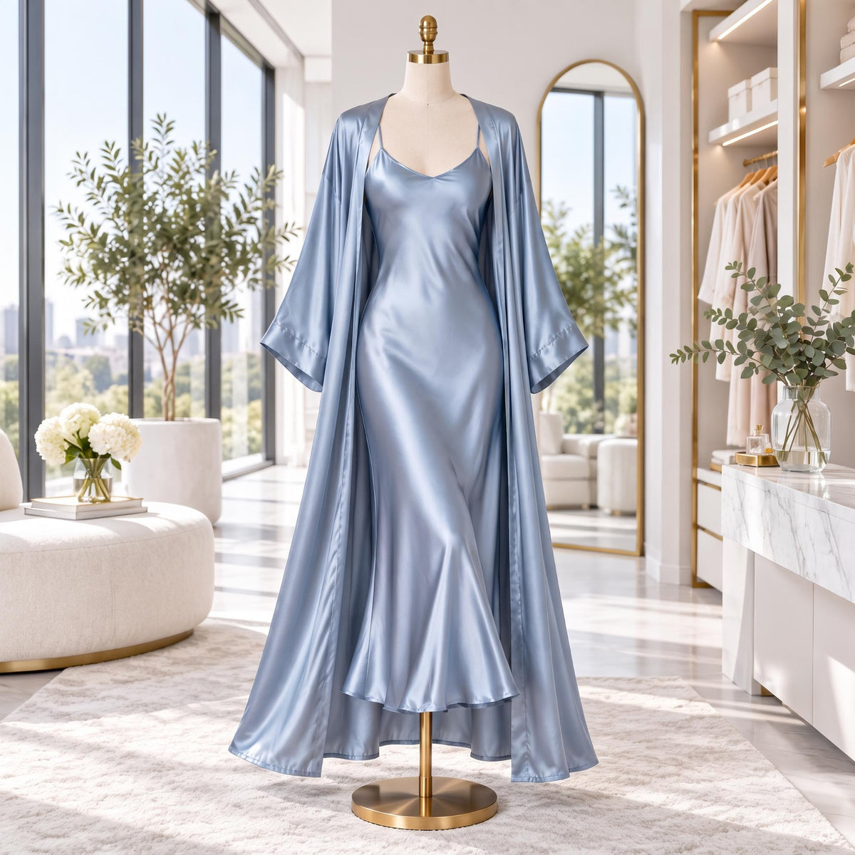 Mulberry Silk Nightgown and Robe Set with V-Neck Design