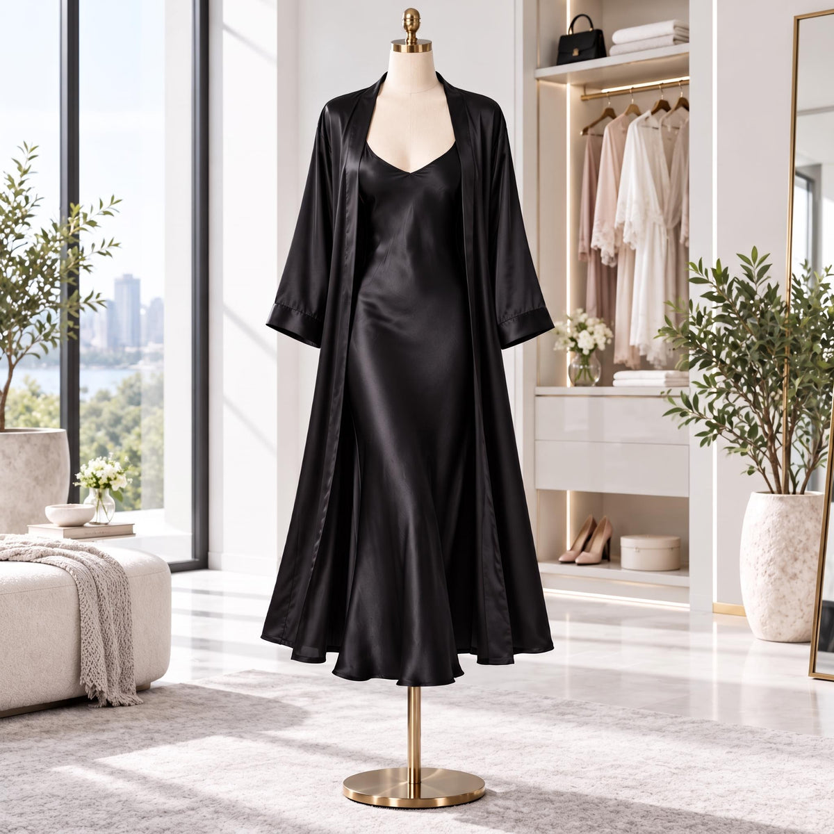 Mulberry Silk Nightgown and Robe Set with V-Neck Design