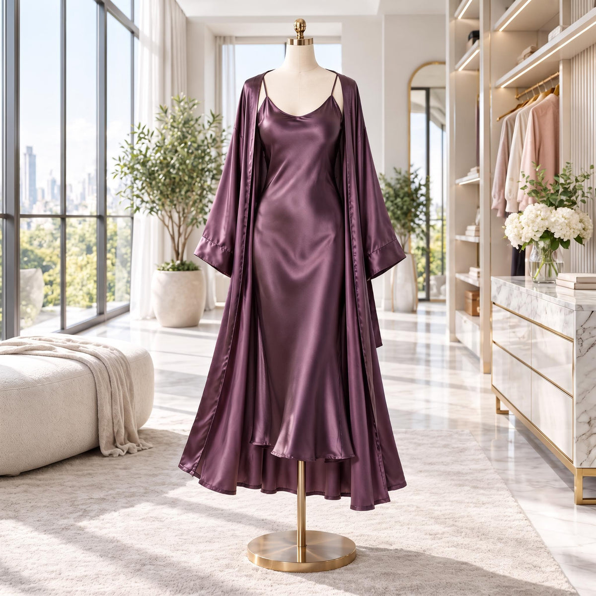Mulberry Silk Nightgown and Robe Set with V-Neck Design