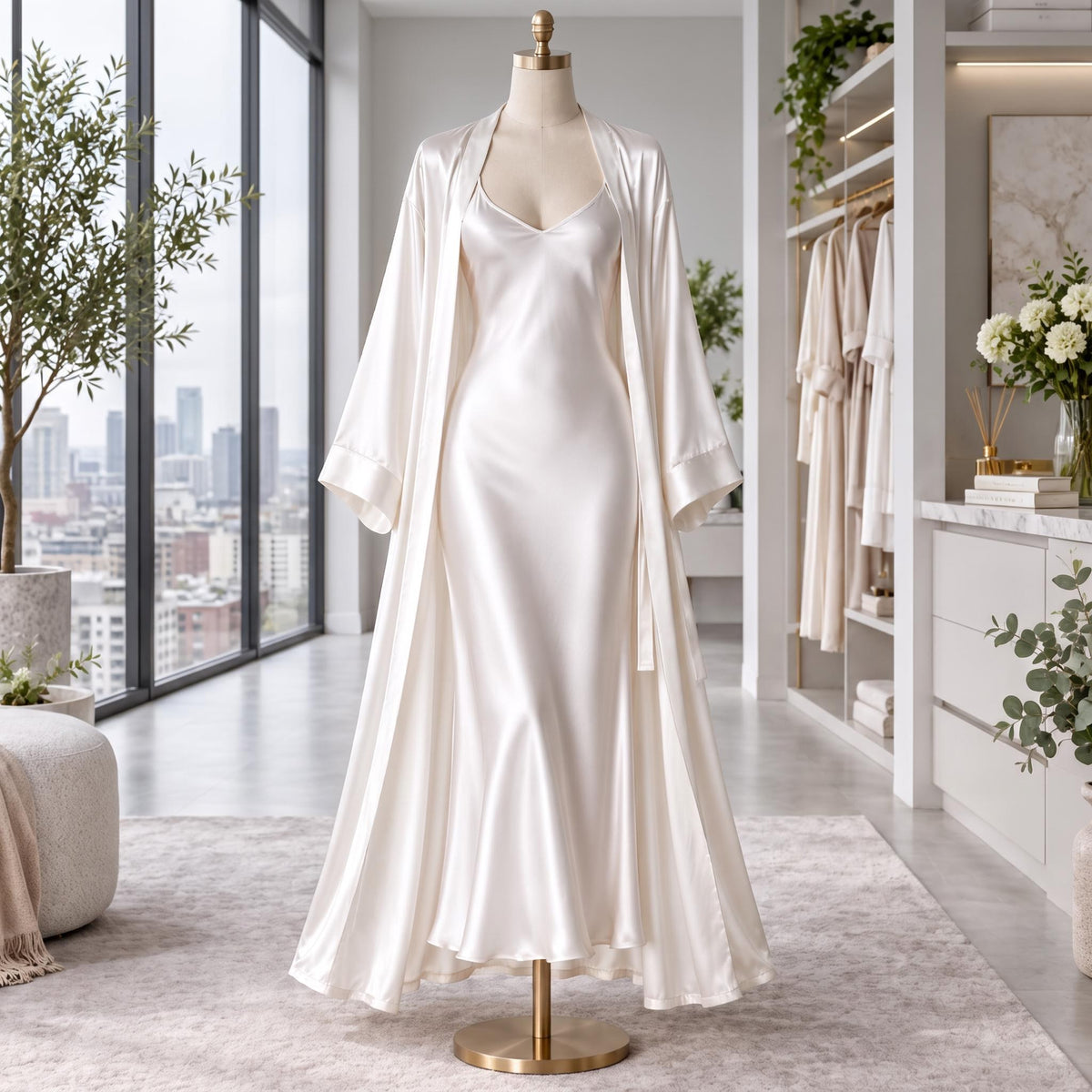 Mulberry Silk Nightgown and Robe Set with V-Neck Design