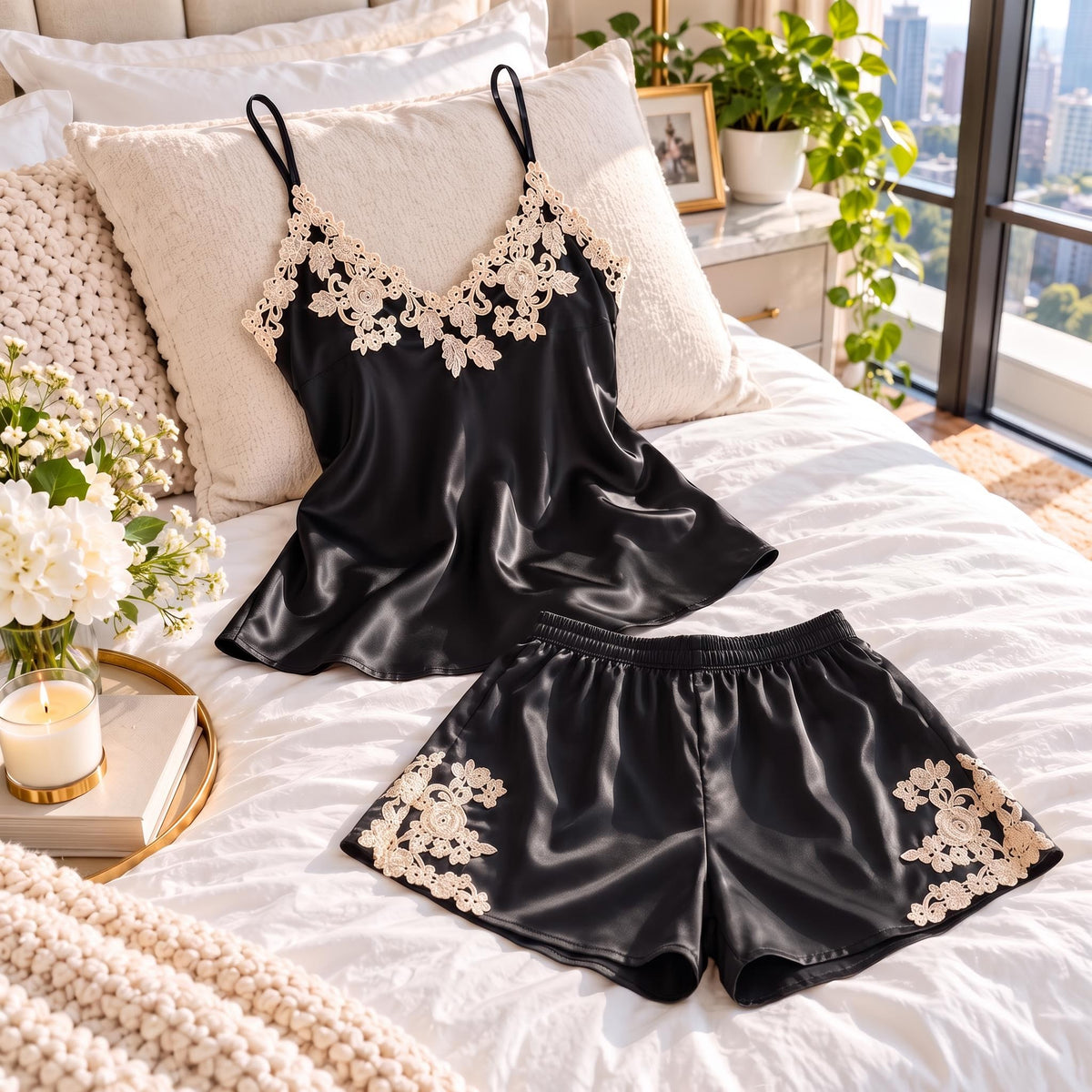 Silk Lace Trim V-Neck Camisole and Shorts Sleep Set for Women