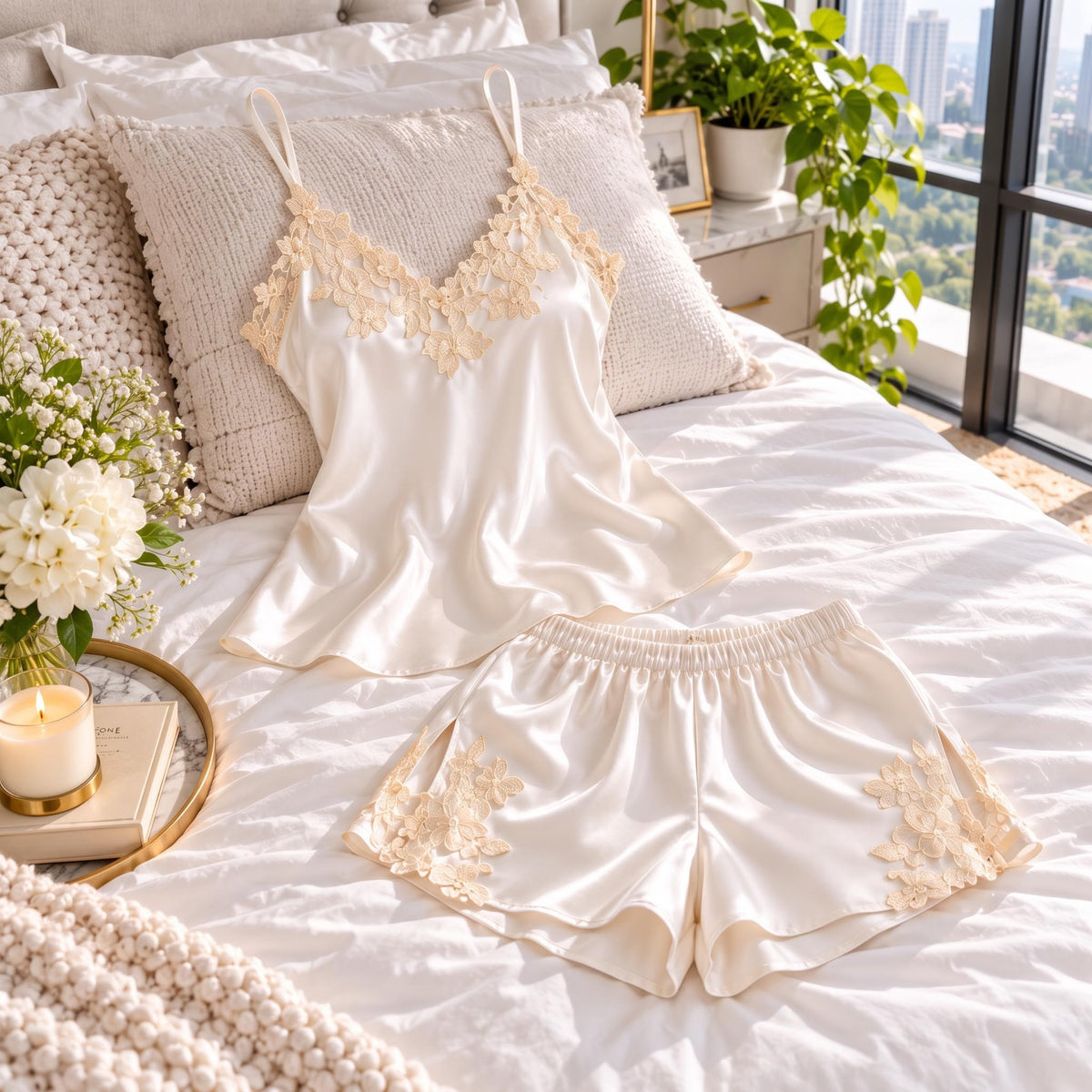 Silk Lace Trim V-Neck Camisole and Shorts Sleep Set for Women