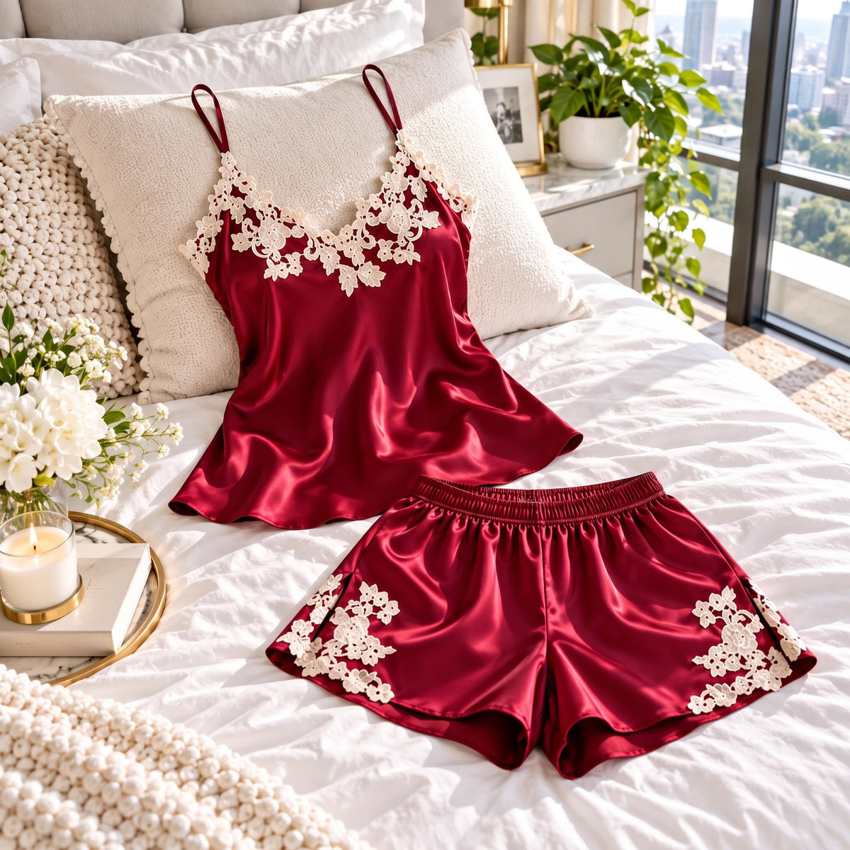 Silk Lace Trim V-Neck Camisole and Shorts Sleep Set for Women