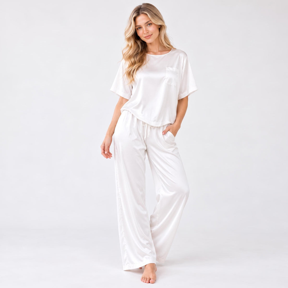 Elegant Silk Pajama Set for Women with Wide-Leg Pants