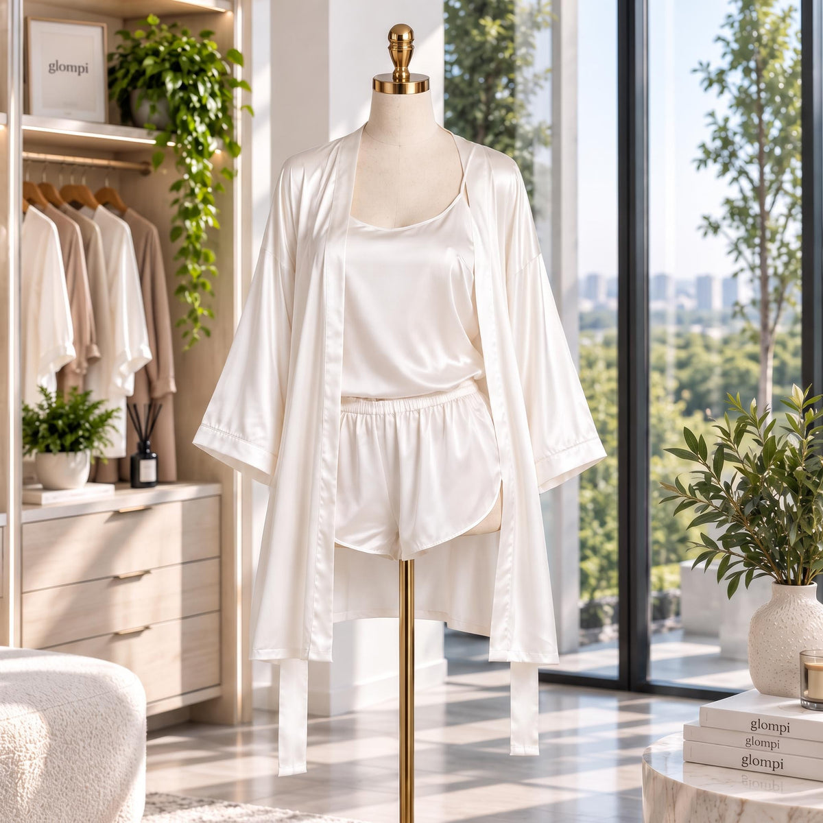 Elegant Mulberry Silk Robe and Cami Shorts Set for Women
