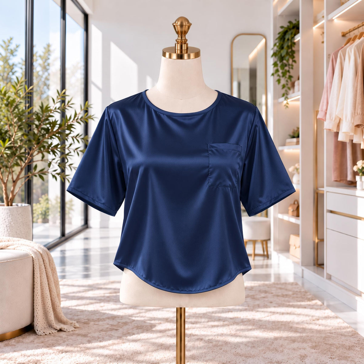Mulberry Silk Short Sleeve Women's Blouse with U-Neck Design