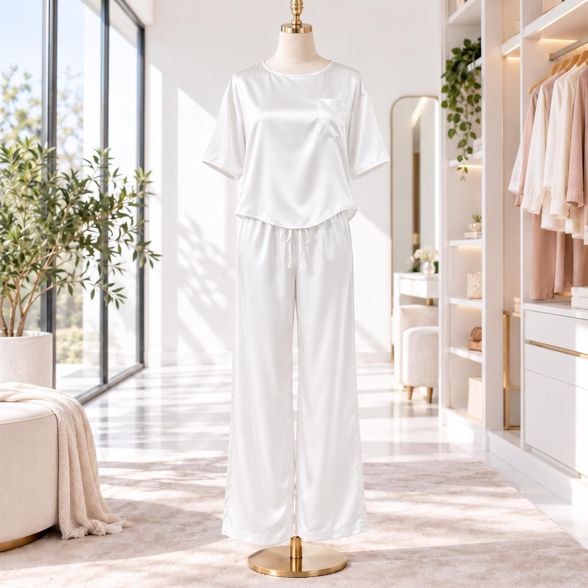 Elegant Silk Pajama Set for Women with Wide-Leg Pants