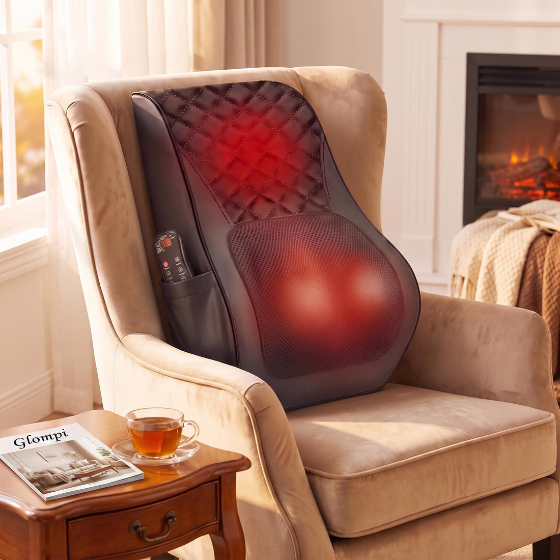 Woman relaxing on a beige sofa using a black 3D kneading neck massage pillow with glowing orange heat nodes and remote.