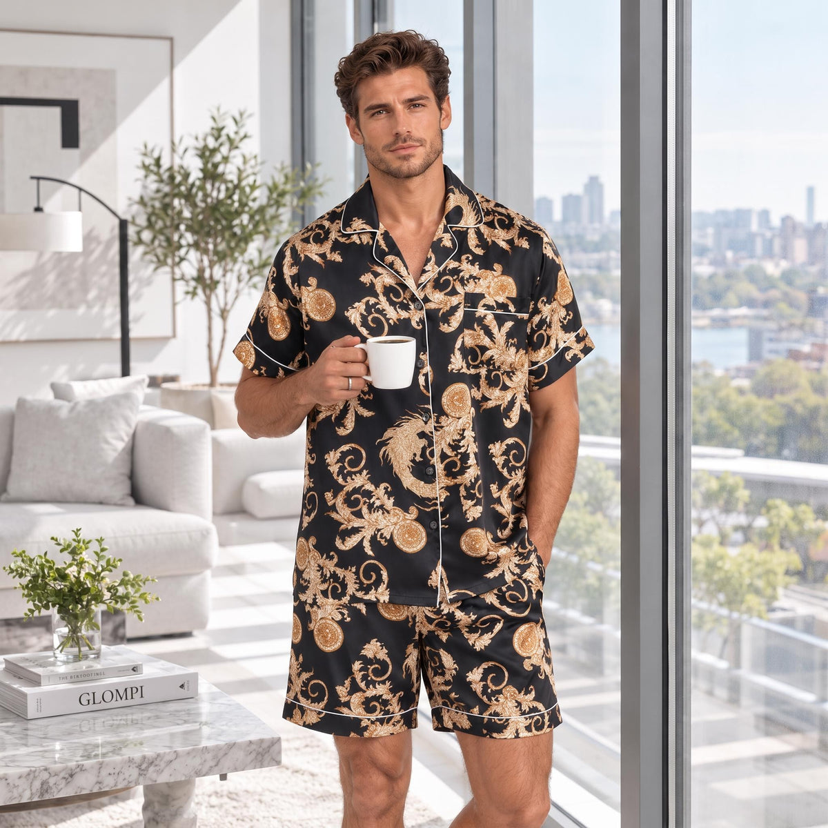 Dragon Print Men's Silk Pajama Set with Short Sleeve Top