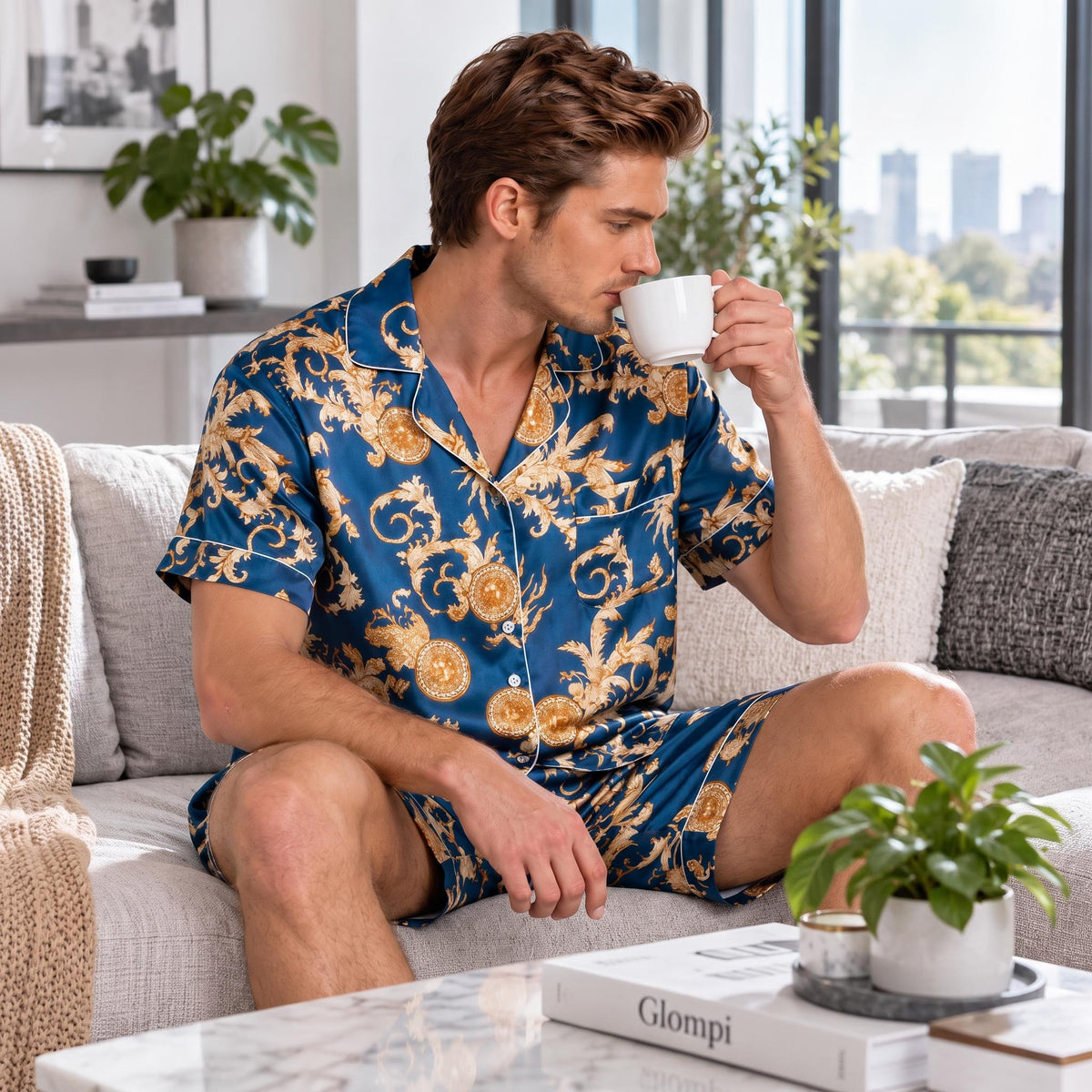 Dragon Print Men's Silk Pajama Set with Short Sleeve Top