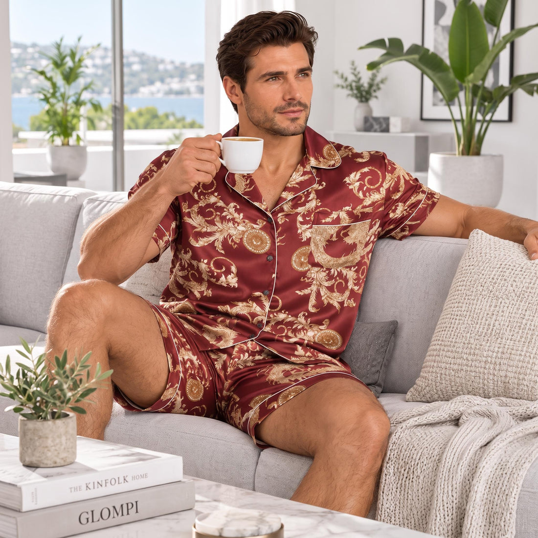 Dragon Print Men's Silk Pajama Set with Short Sleeve Top