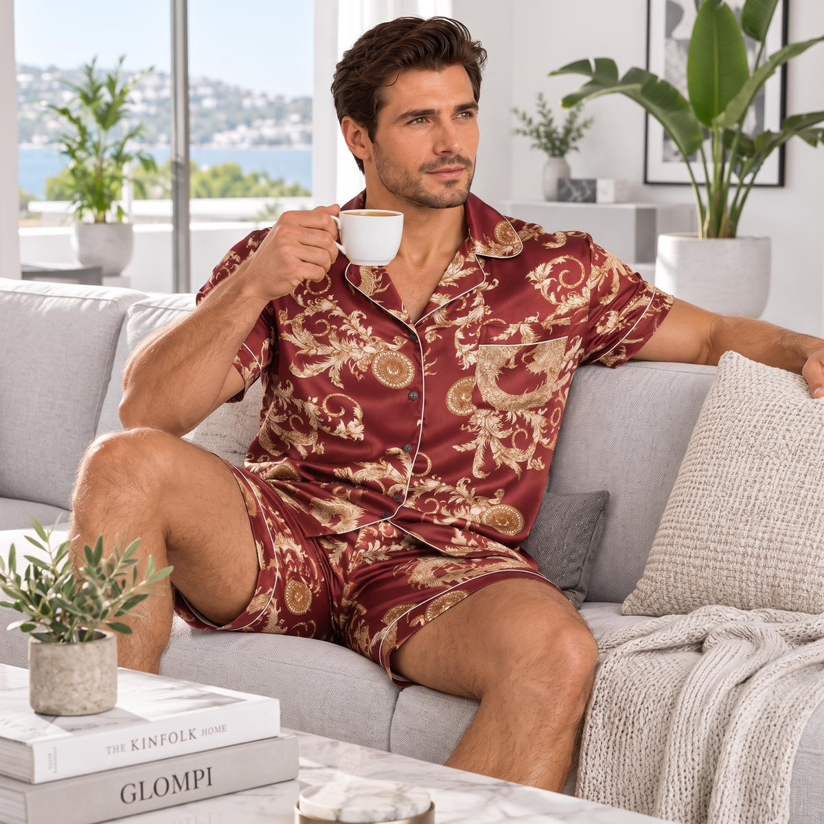 Dragon Print Men's Silk Pajama Set with Short Sleeve Top