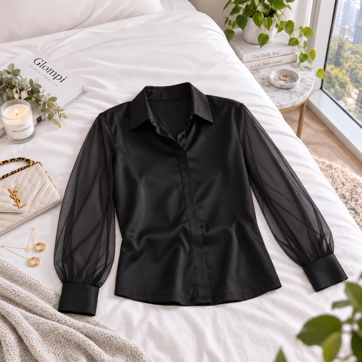 Elegant black silk button-up blouse featuring long sheer sleeves, a classic lapel collar, and a smooth, sophisticated finish.