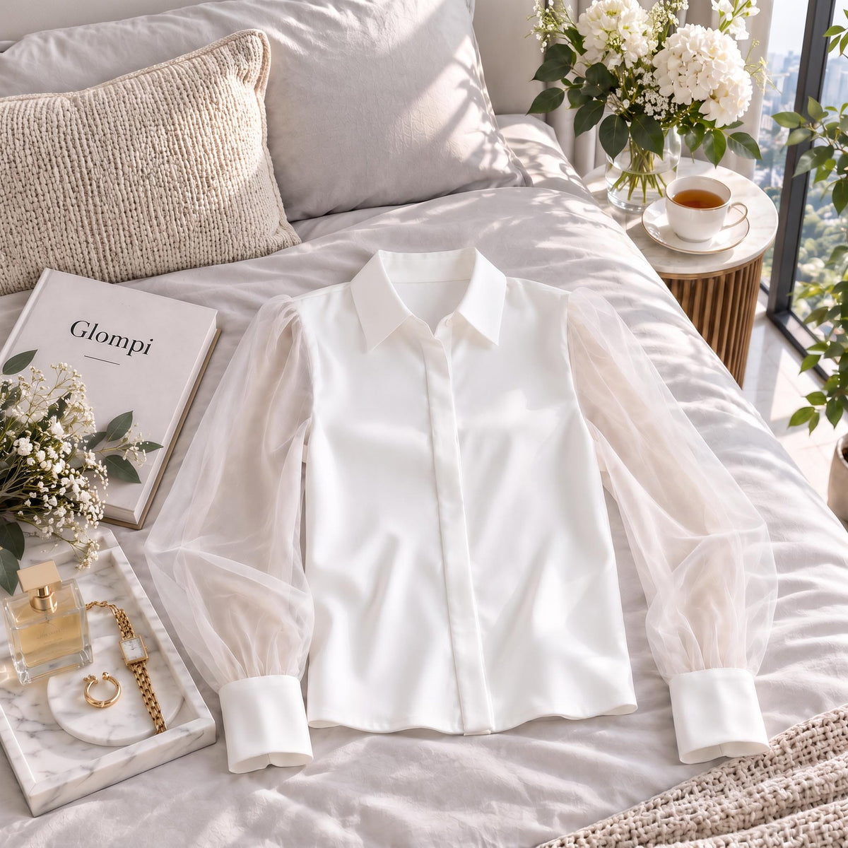 Elegant white silk blouse with sheer long sleeves, lapel collar, and button-up front laid flat on a bed.