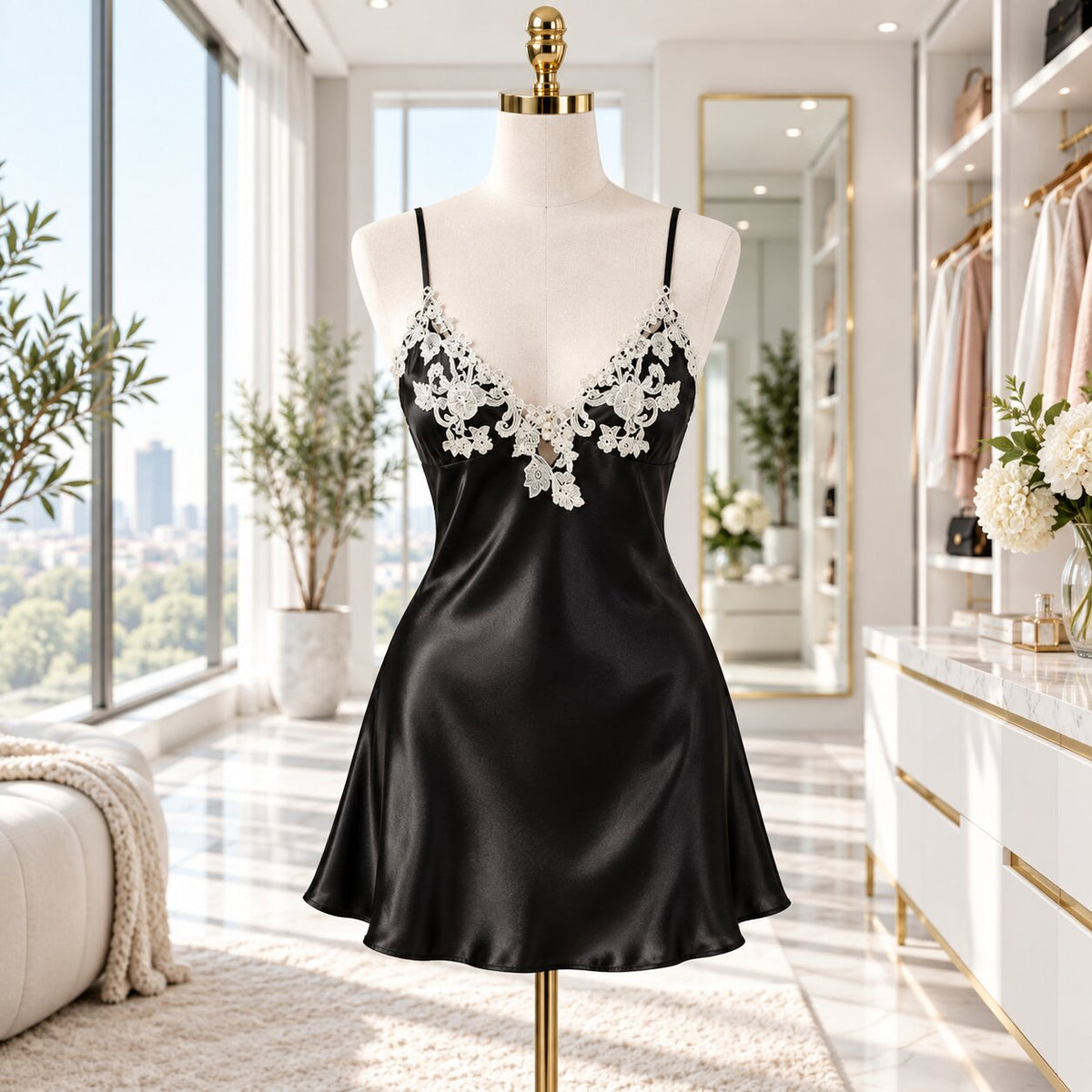 Elegant Silk Mini Nightgown with Lace Trim for Women