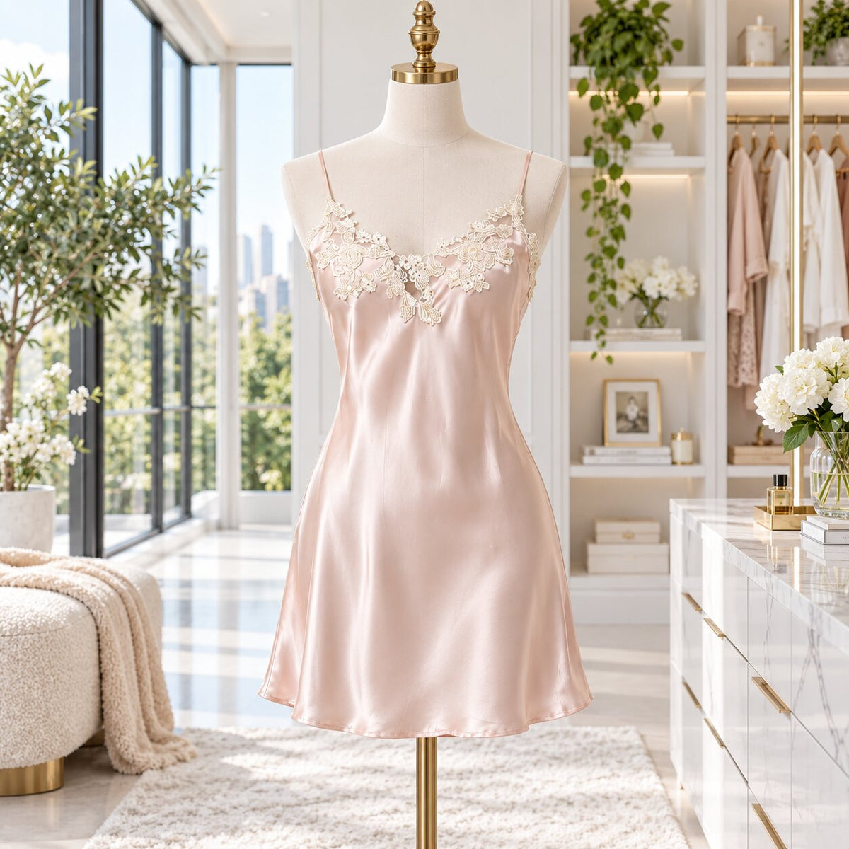 Elegant Silk Mini Nightgown with Lace Trim for Women