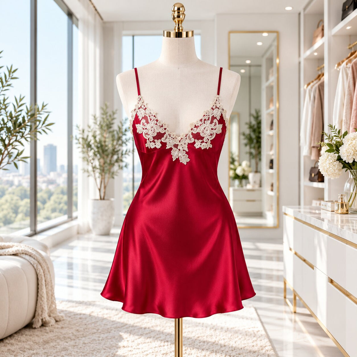 Elegant Silk Mini Nightgown with Lace Trim for Women