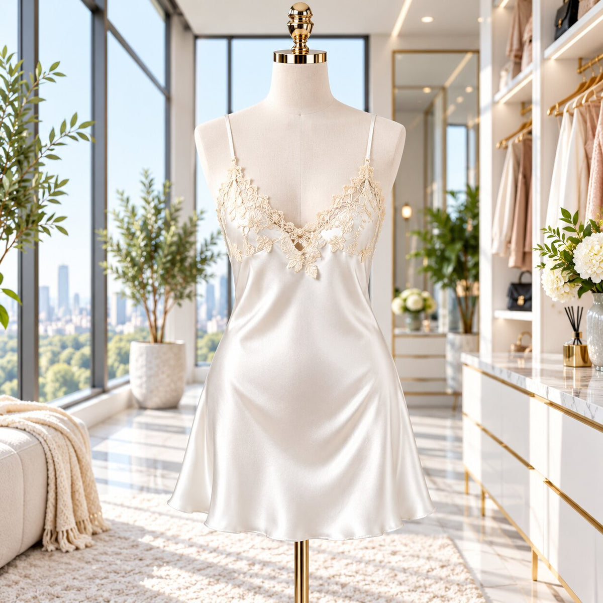 Elegant Silk Mini Nightgown with Lace Trim for Women