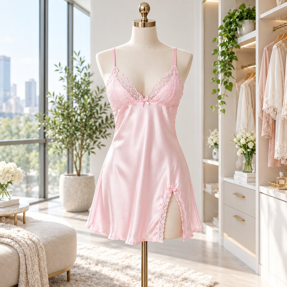 Elegant Silk Nightgown with Lace Trim and Side Slit for Women