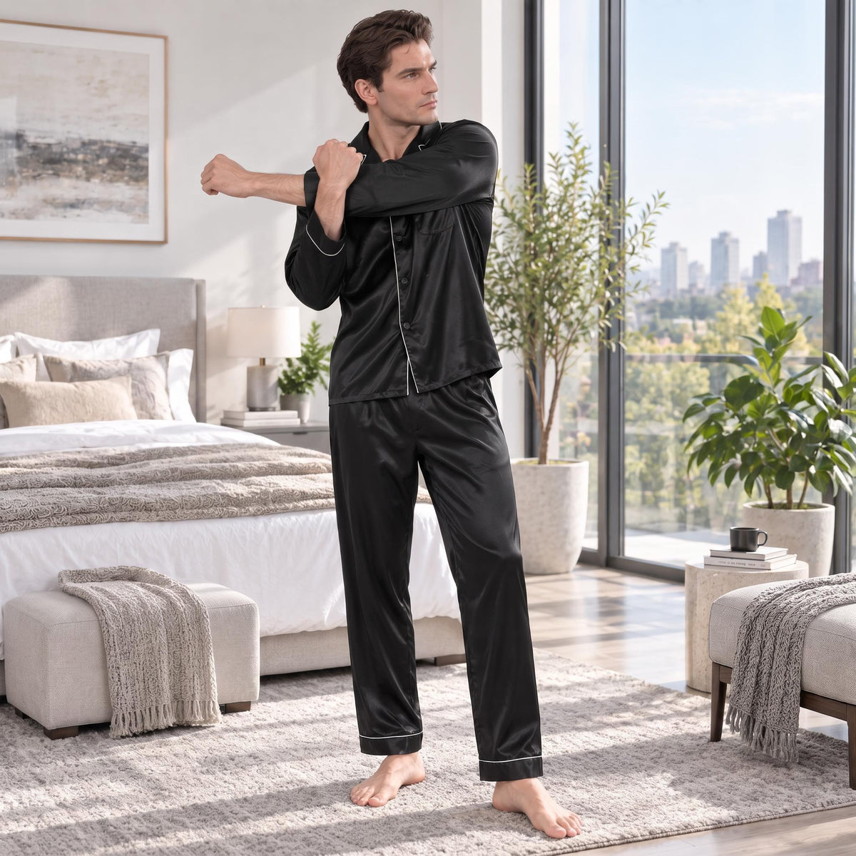 Men's Long Sleeve Silk Pajama Set with Notch Collar