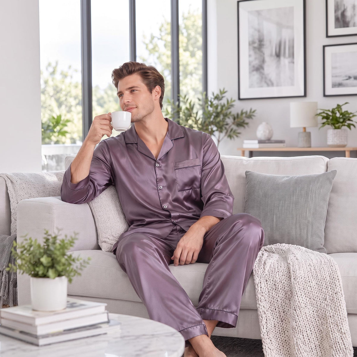 Men's Long Sleeve Silk Pajama Set with Notch Collar