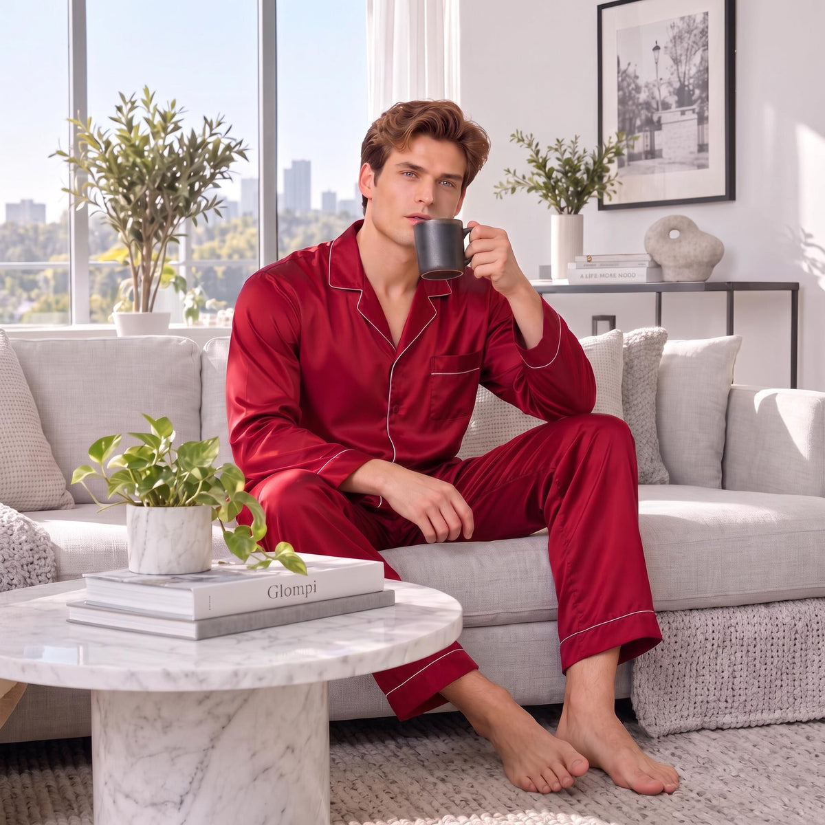 Men's Long Sleeve Silk Pajama Set with Notch Collar