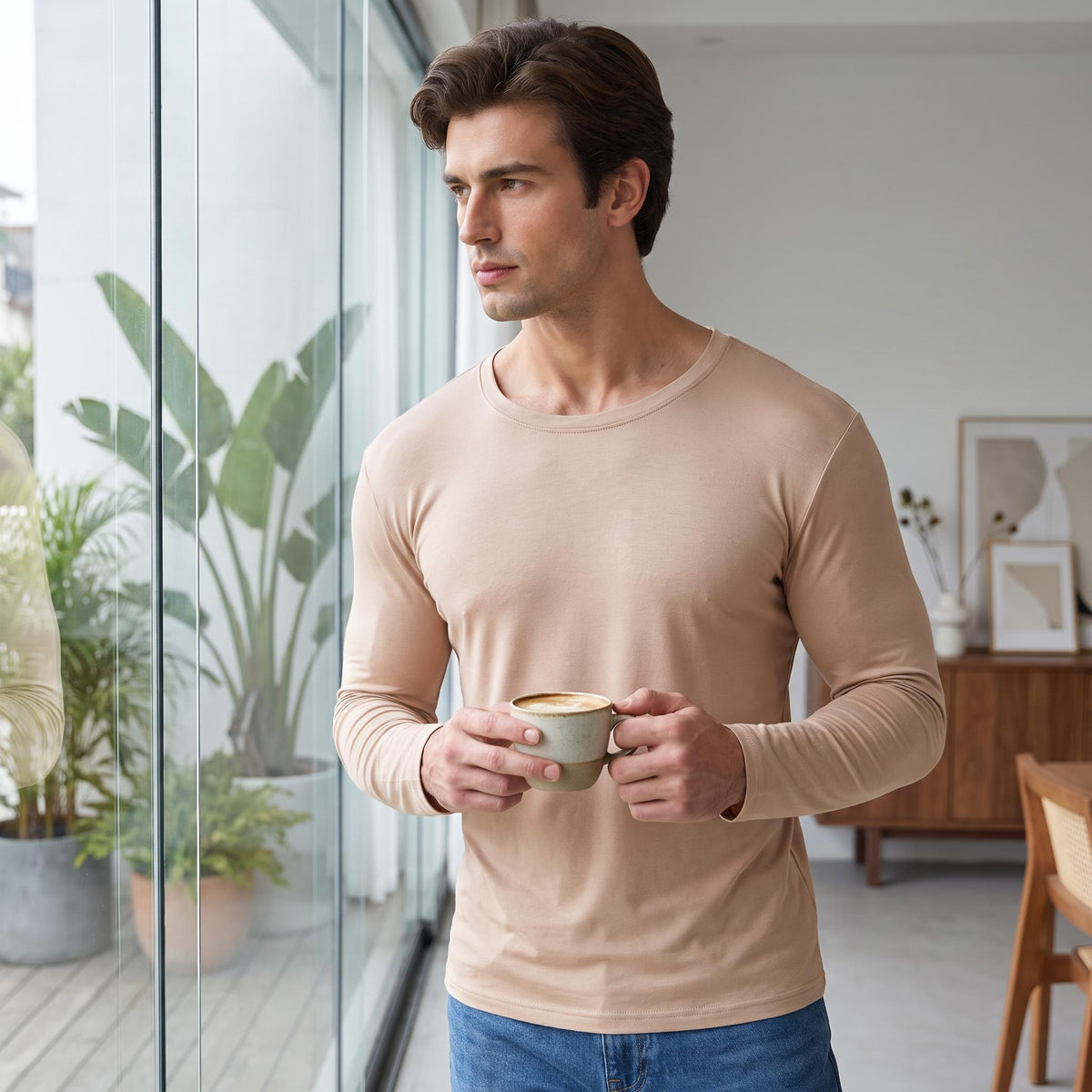 Men's Silk Long Sleeve Crewneck T-Shirt for Comfort and Style
