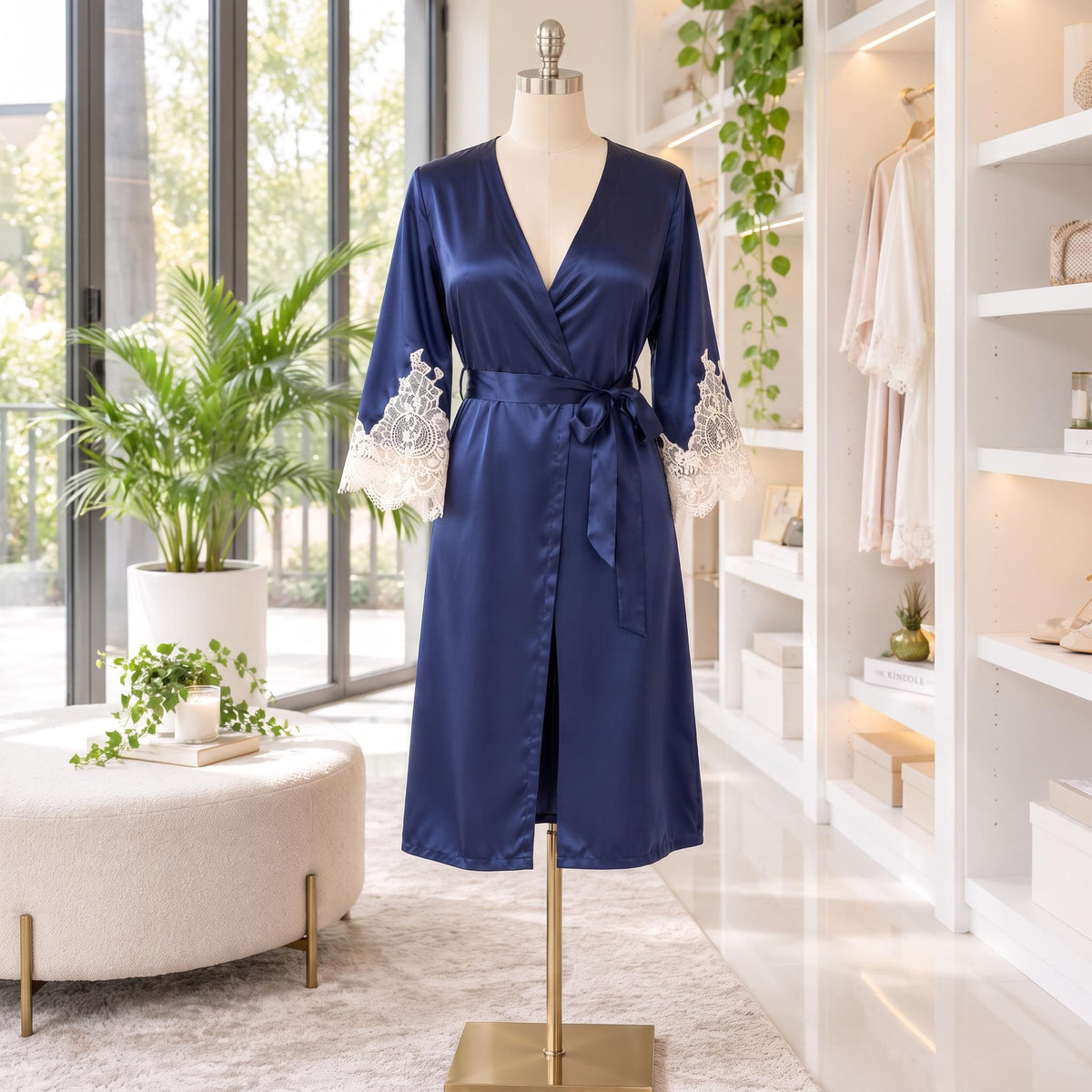 Mulberry Silk 3/4 Sleeve Women's Robe with Lace Cuffs