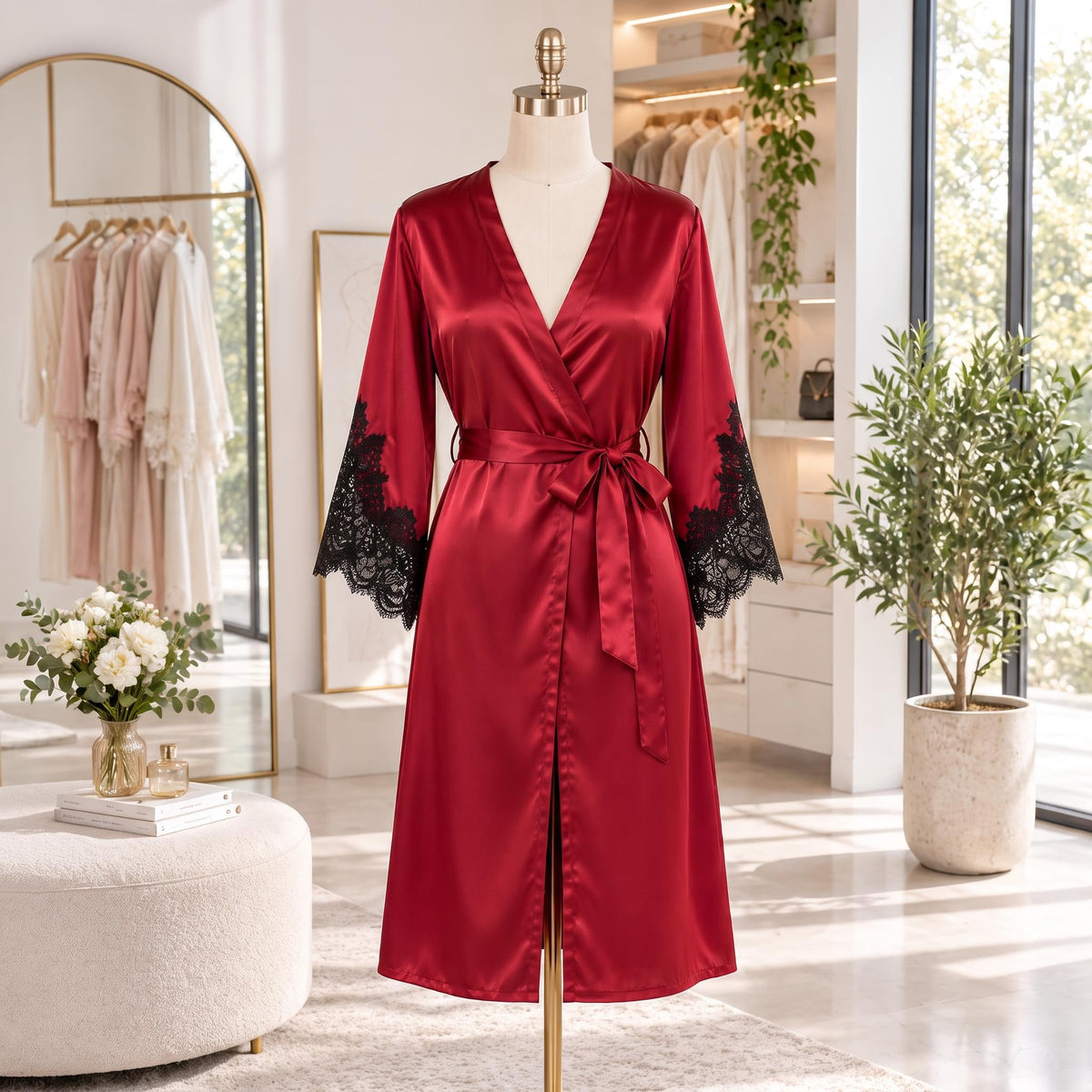Mulberry Silk 3/4 Sleeve Women's Robe with Lace Cuffs