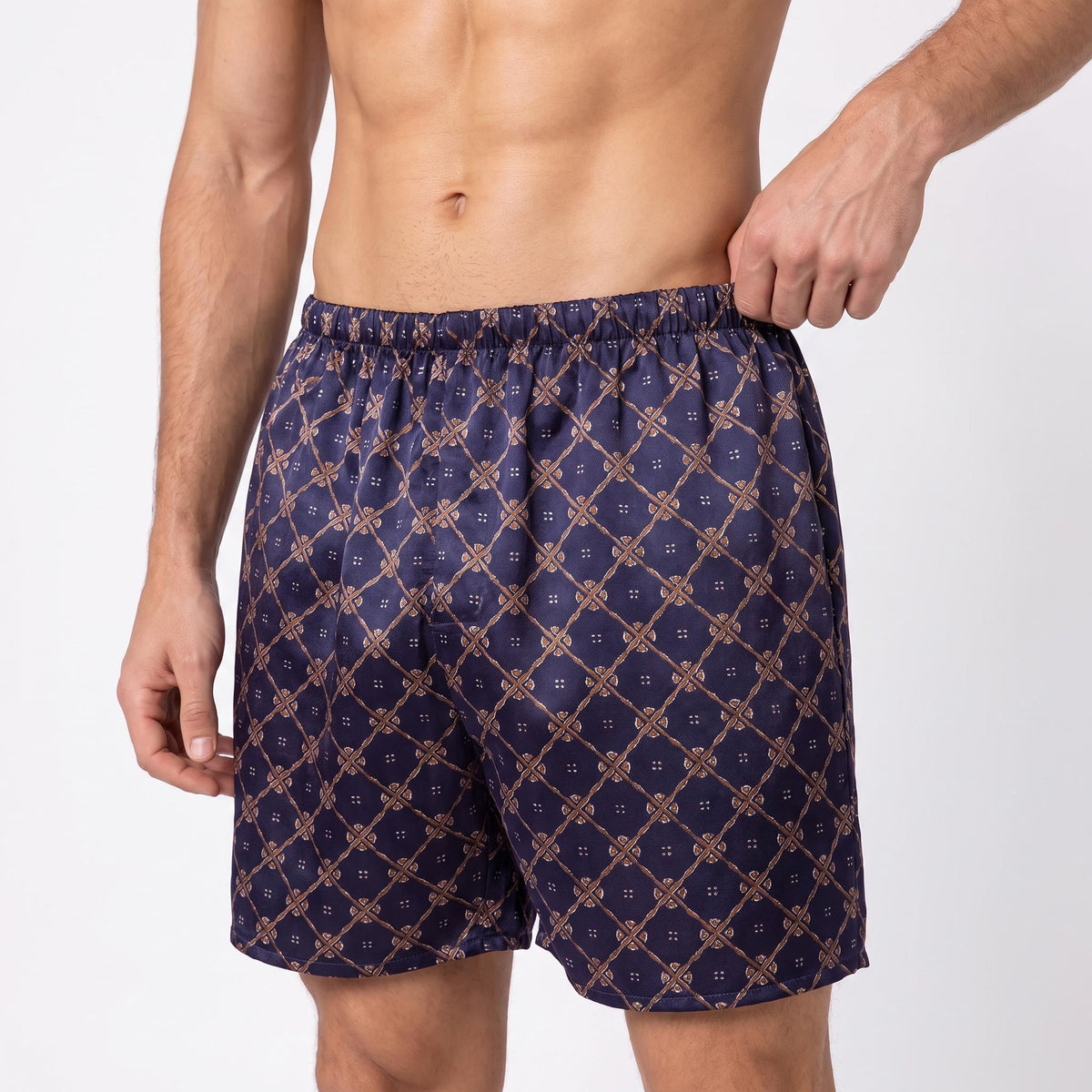 Navy Chain Print Silk Men's Sleep Shorts for Comfort and Style