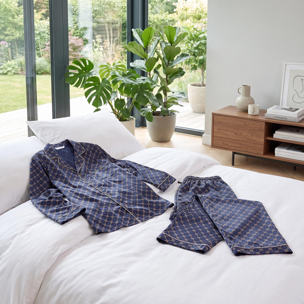 Navy Silk Geometric Print Men's Pajama Set